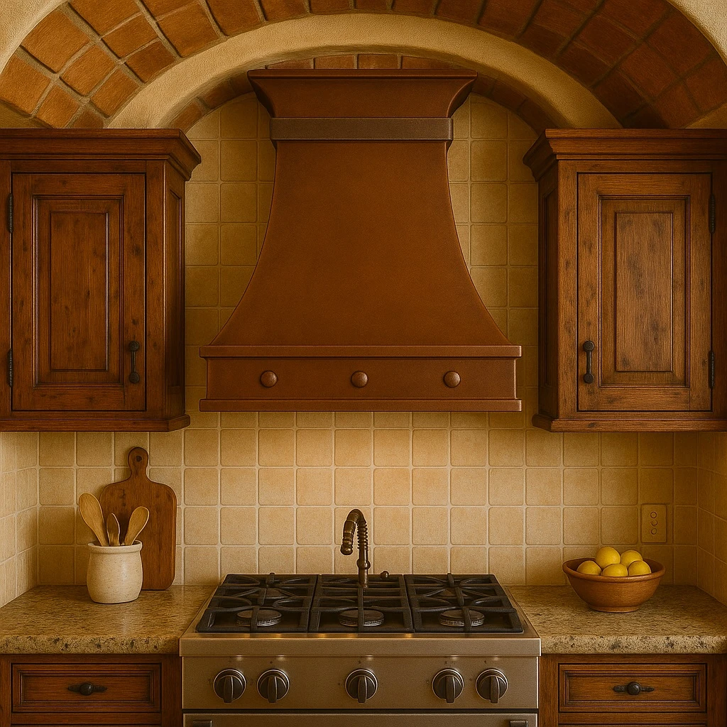 Spanish Hacienda kitchen with slim copper range hood, arched tile backsplash, and warm wood beams
