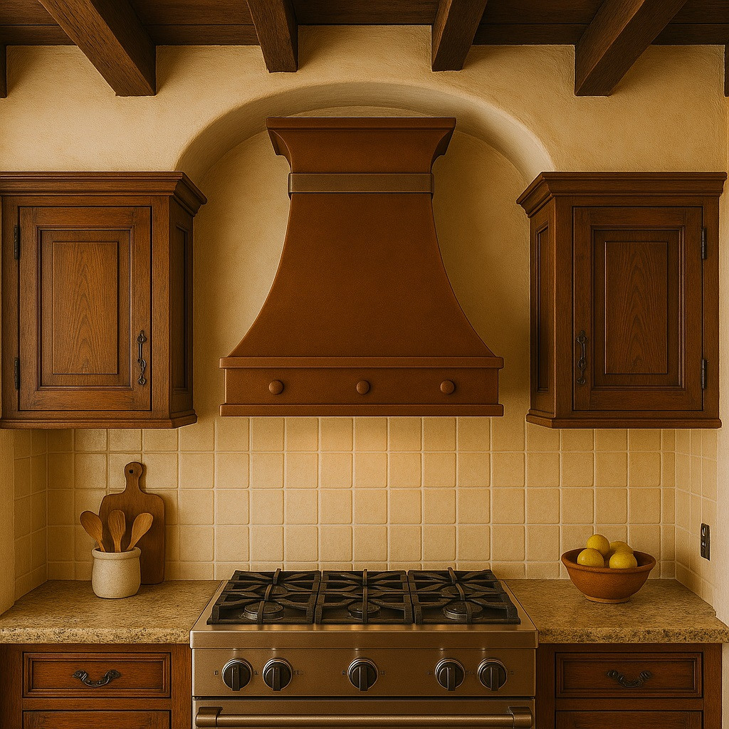 Spanish Revival kitchen with slim copper range hood above colorful handmade tile