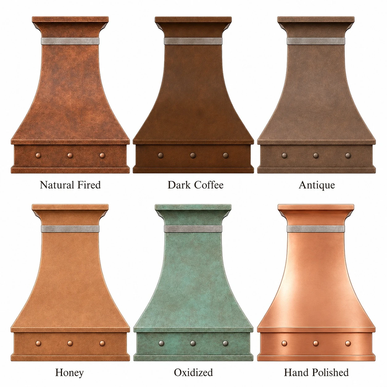 Slim sloping copper range hood shown in six copper finish options with contrasting zinc crown bands