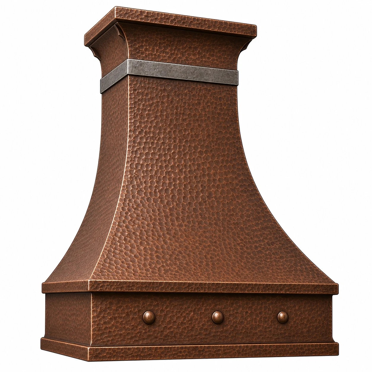 Angled view of slim sloping copper range hood with contrasting horizontal zinc crown band