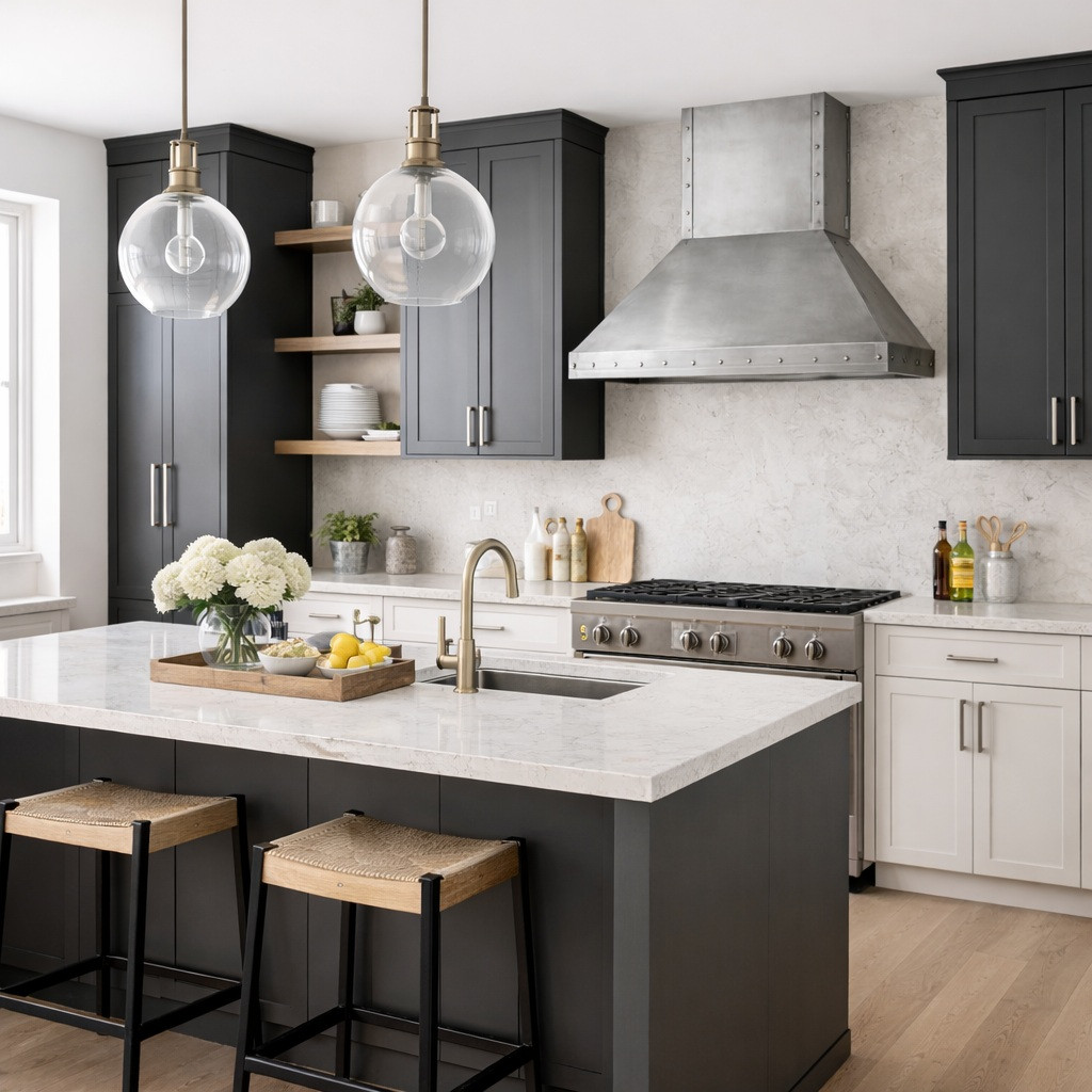 Brushed zinc range hood with rivet trim and tapered canopy in a modern transitional kitchen with charcoal cabinets
