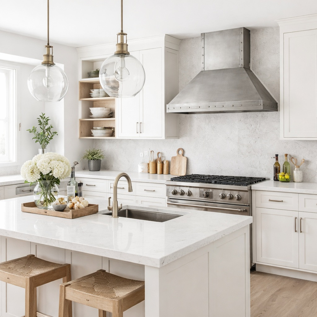 Brushed zinc range hood with rivet trim and tapered canopy in a light industrial kitchen with nickel faucet