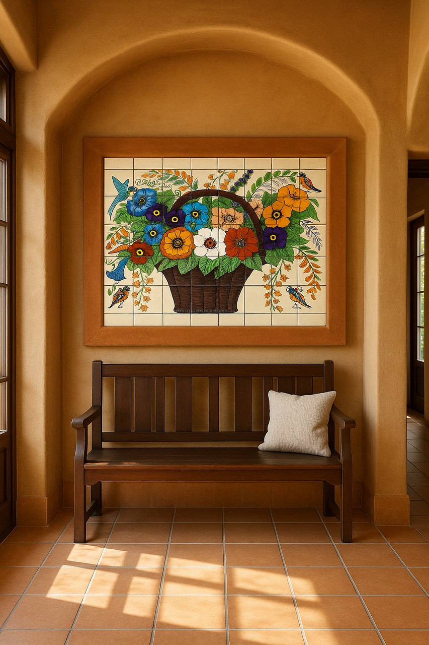 Mexican Tile Mural Flower Basket – Hand-Painted Talavera Art