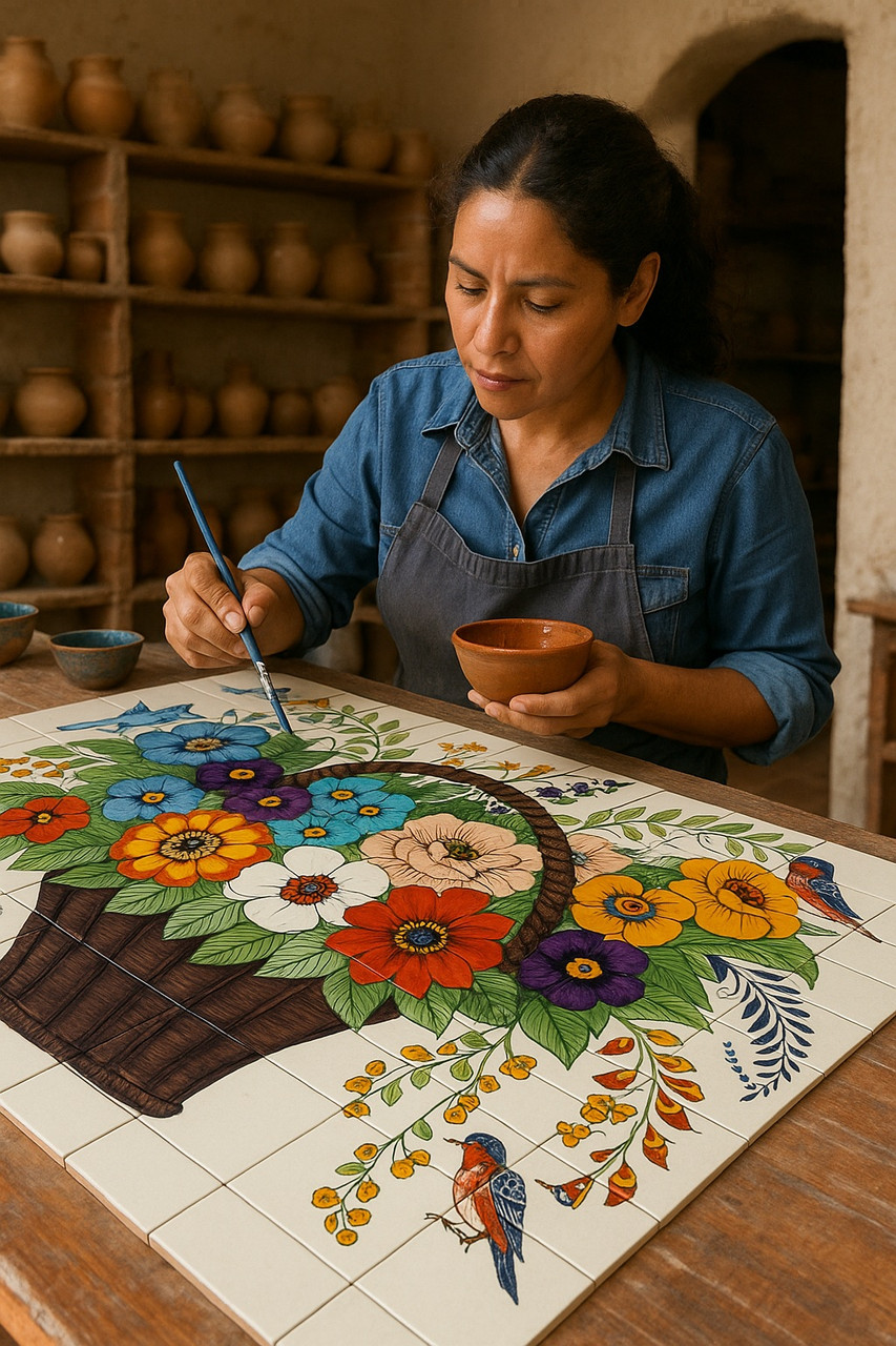 Mexican Tile Mural Flower Basket – Hand-Painted Talavera Art