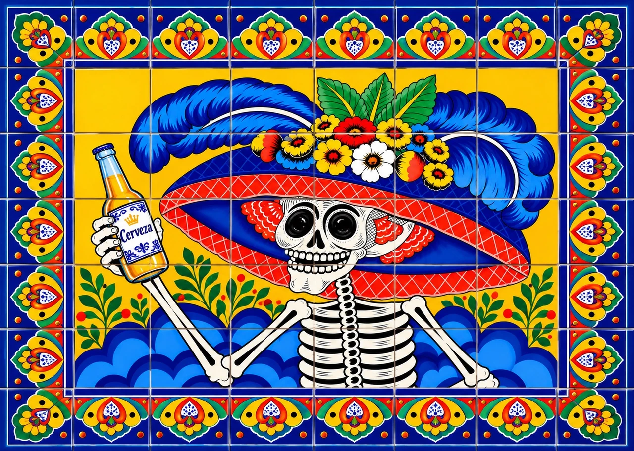 Rustic Copper Table Top Mexican Tile Mural Catrina Cerveza | Talavera Art