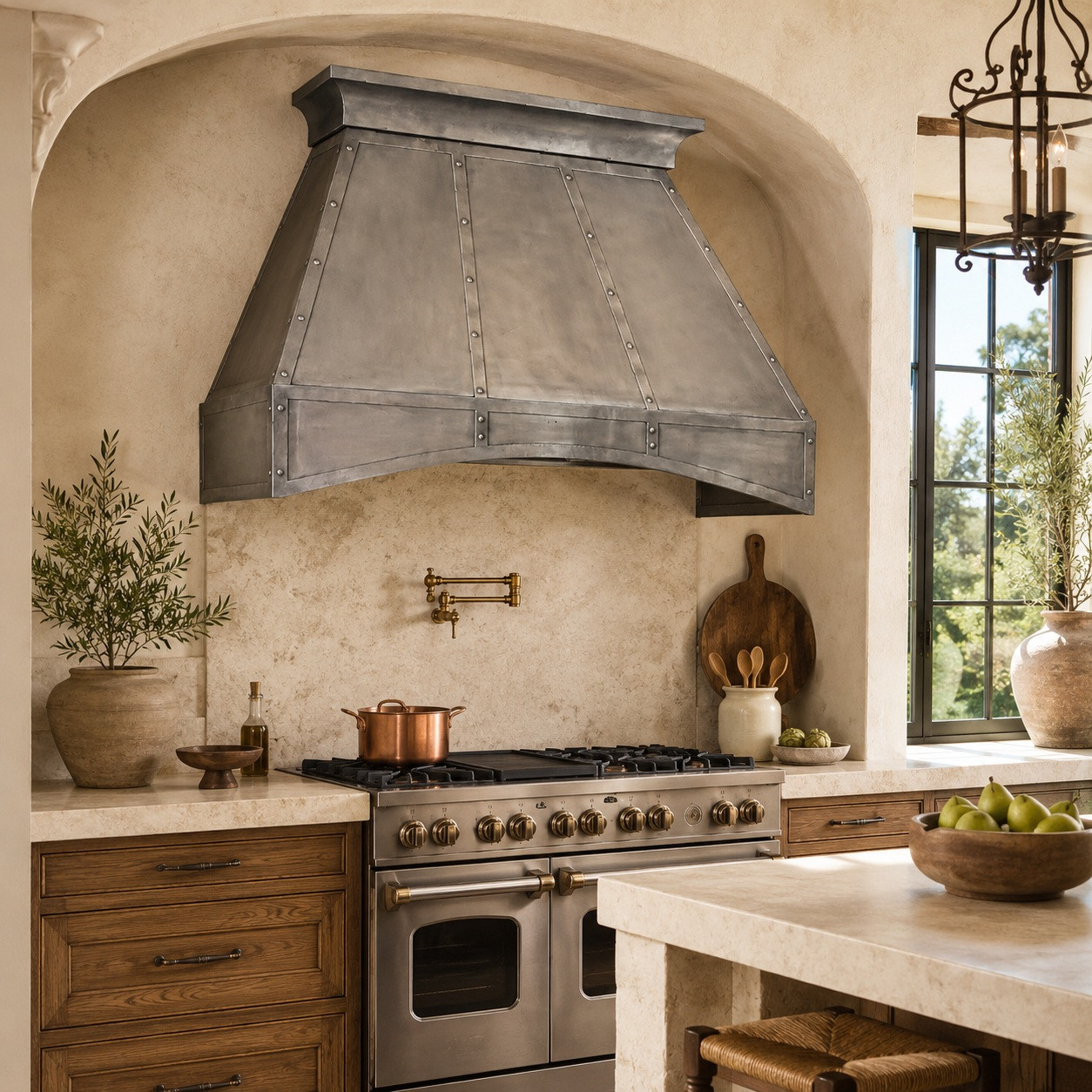 Handcrafted pewter range hood with Mexican design in Mediterranean inspired kitchen with arched architectural details and wooden cabinets