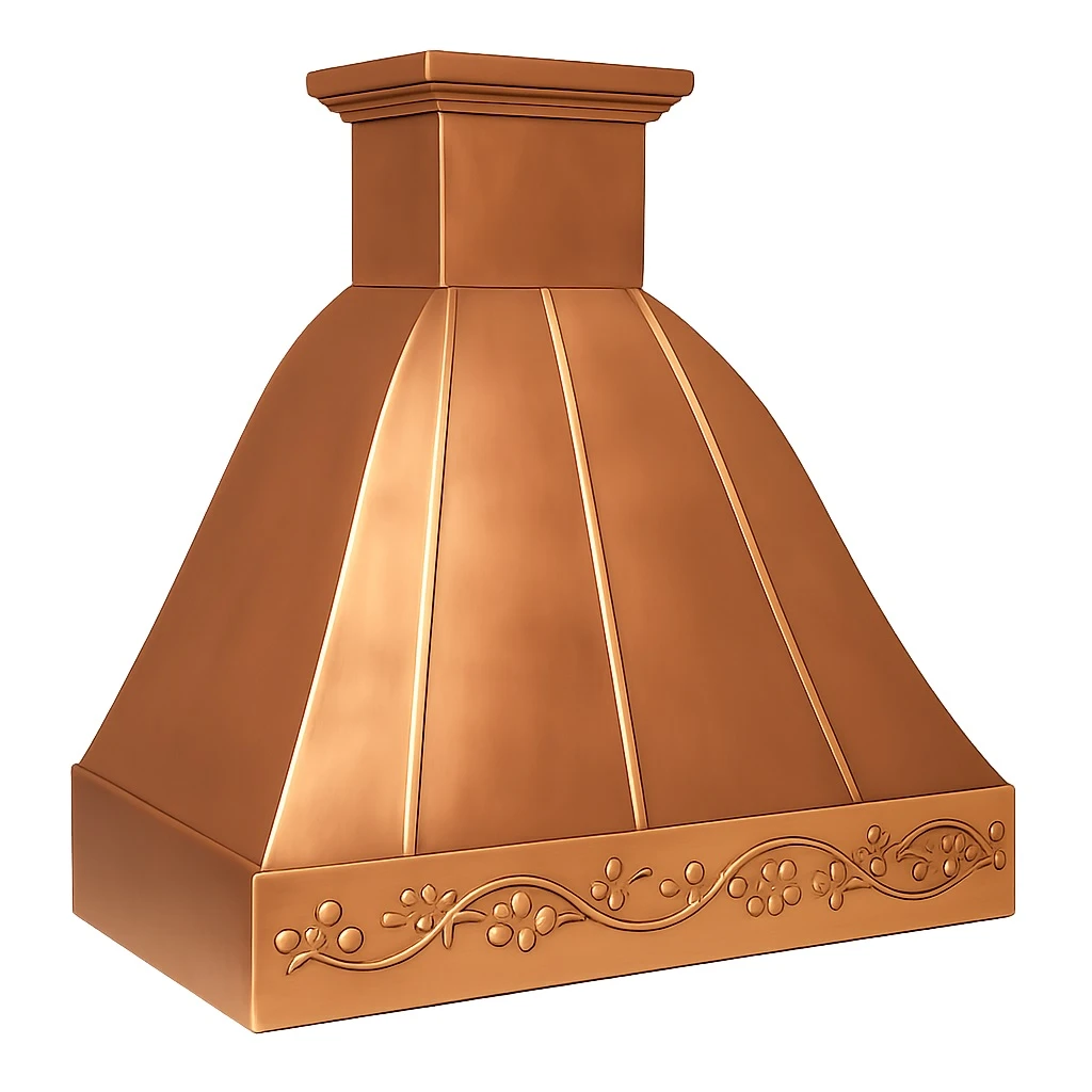 Polished copper range hood with Rococo apron design, view from the angle
