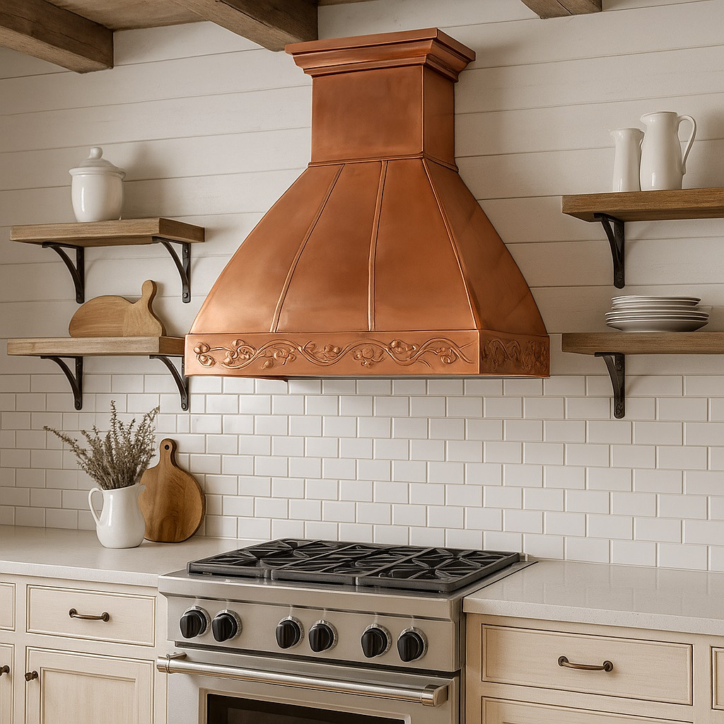 Farmhouse kitchen with polished copper range hood and Rococo apron design, reflective canopy above range with wood accents and shiplap walls