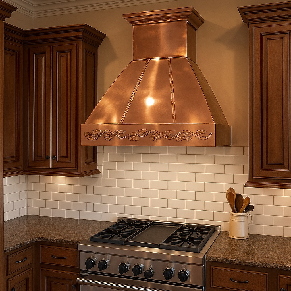 Polished copper vent hood with decorative Rococo apron in a traditional kitchen