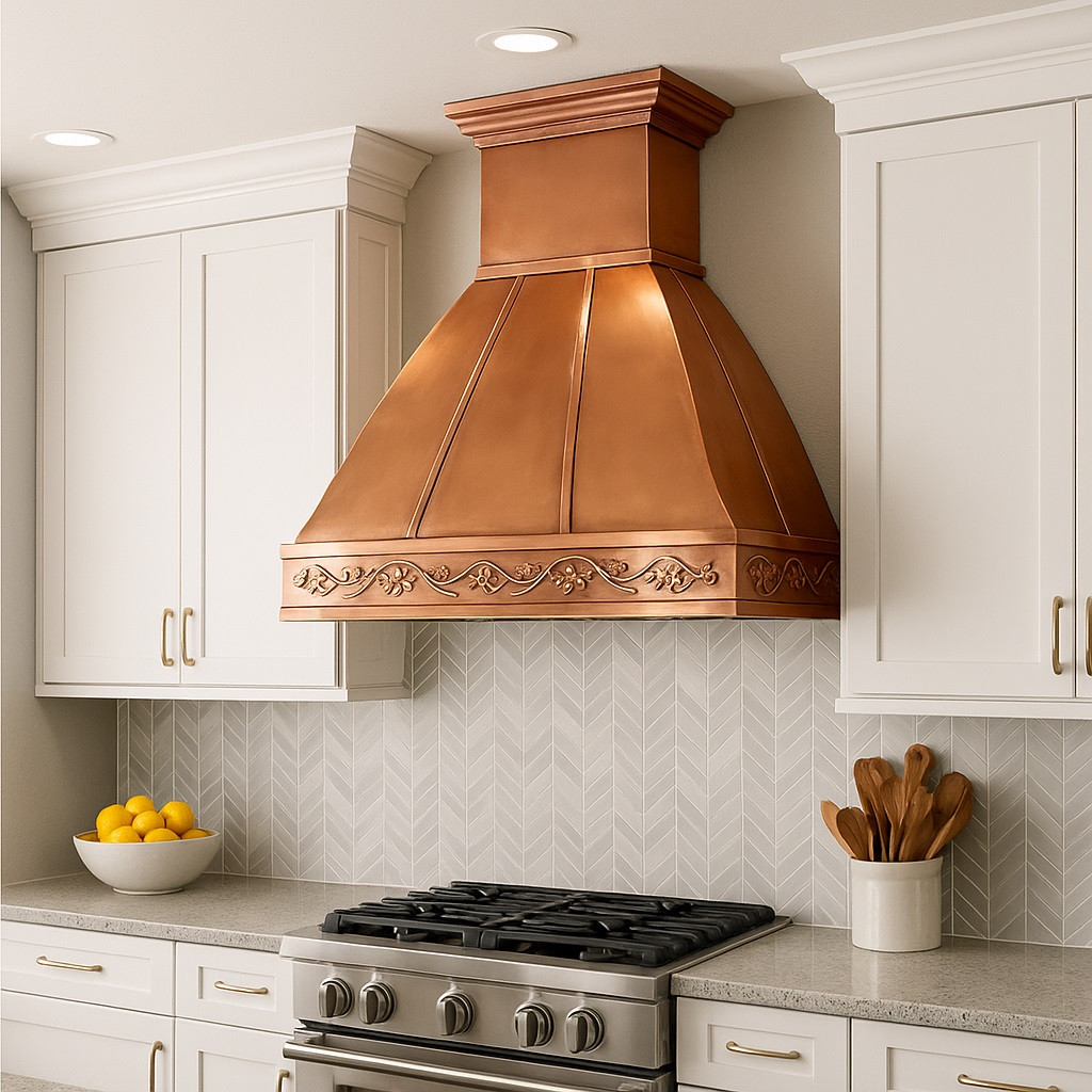 French country kitchen with polished copper Rococo hood
