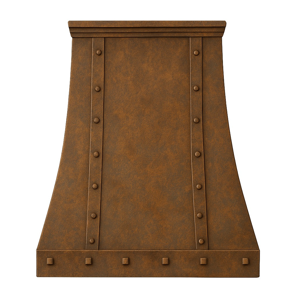 Handcrafted hacienda copper range hood with riveted straps, front view