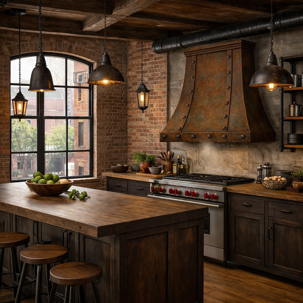 Hacienda kitchen copper range hood in industrial kitchen with riveted details and bold metal character