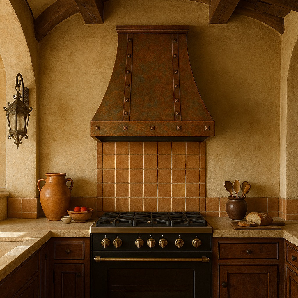 Hacienda kitchen copper hood in Spanish Revival kitchen with riveted straps and warm artisan finish