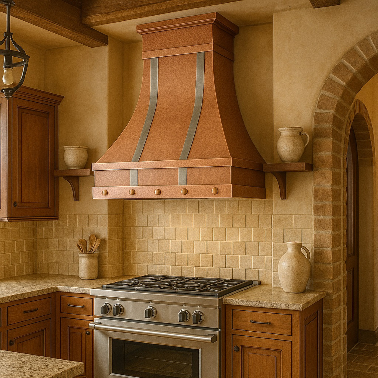 Mediterranean kitchen with a copper extractor hood featuring vertical zinc straps and a riveted apron