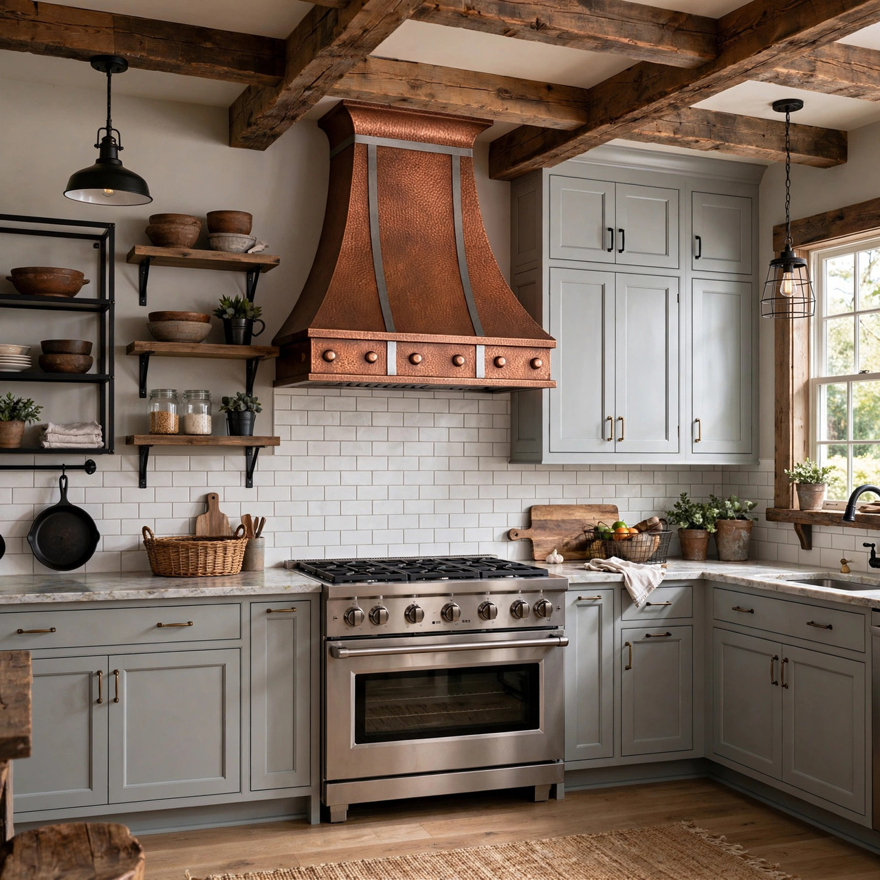 Industrial farmhouse kitchen with copper range hood, zinc straps, and riveted apron