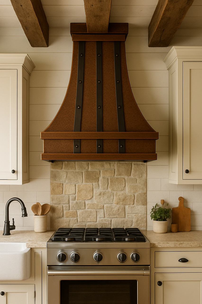 Farmhouse kitchen with riveted ductless copper range hood
