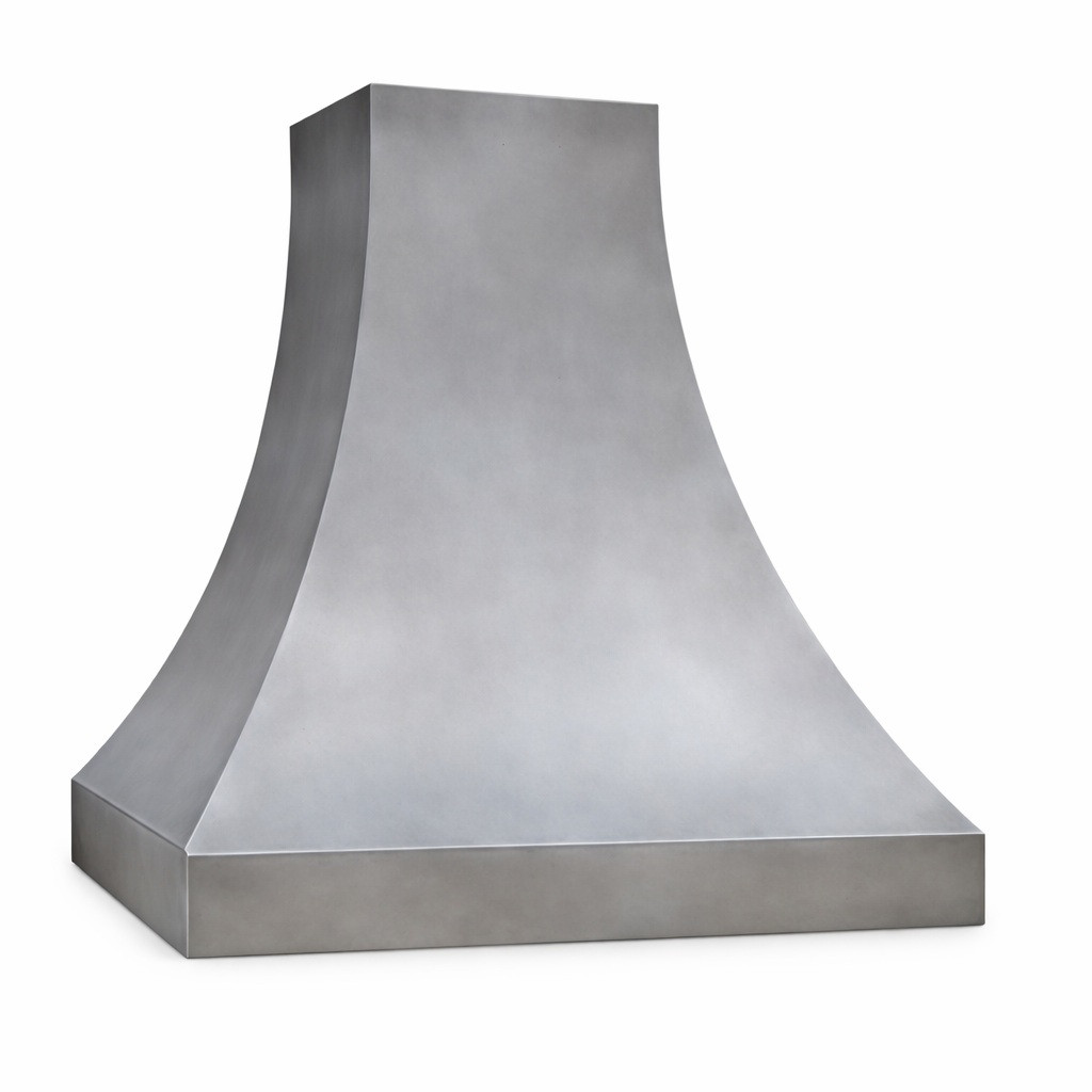 Side view of a smooth natural zinc range hood with clean minimalist finish