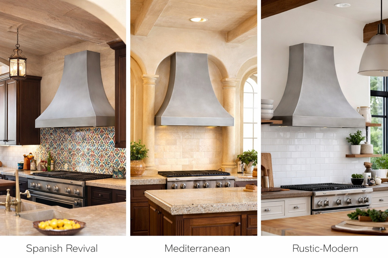 Smooth zinc range hood with natural finish shown side by side in different kitchen style settings