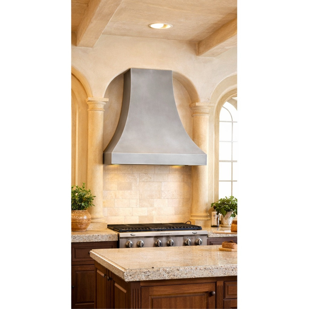 Smooth zinc range hood with natural finish installed in a Mediterranean style kitchen