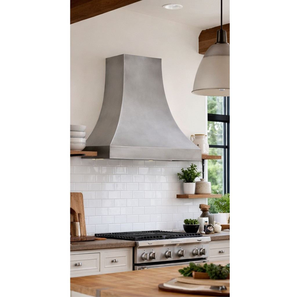 Smooth zinc range hood with natural finish installed in a rustic modern kitchen