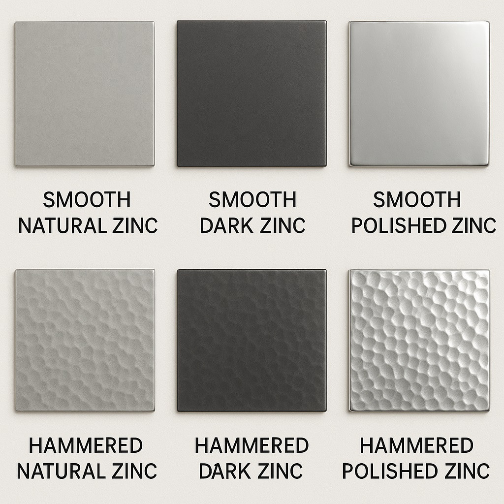 Smooth zinc range hood showing available finish options and patina variations