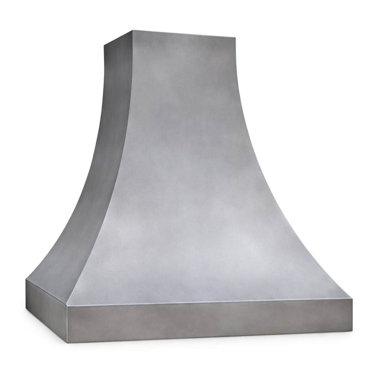 Side view of smooth natural zinc bell range hood on white background