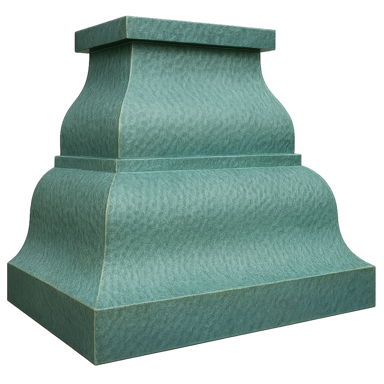 Green oxidized hammered copper range hood