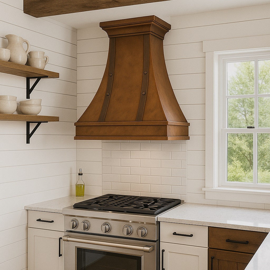 Farmhouse kitchen with handmade rustic copper range hood above apron-front sink