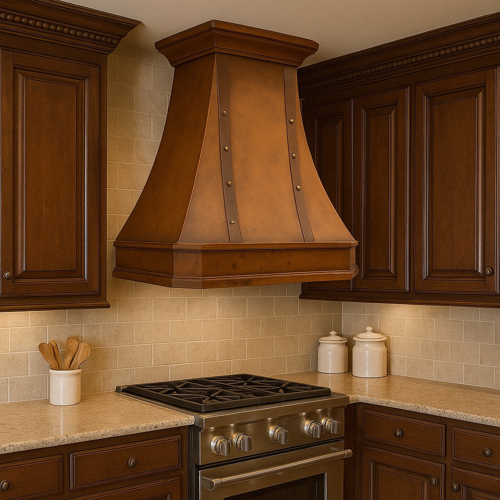 Traditional kitchen with ornate cabinetry and a handmade rustic copper range hood