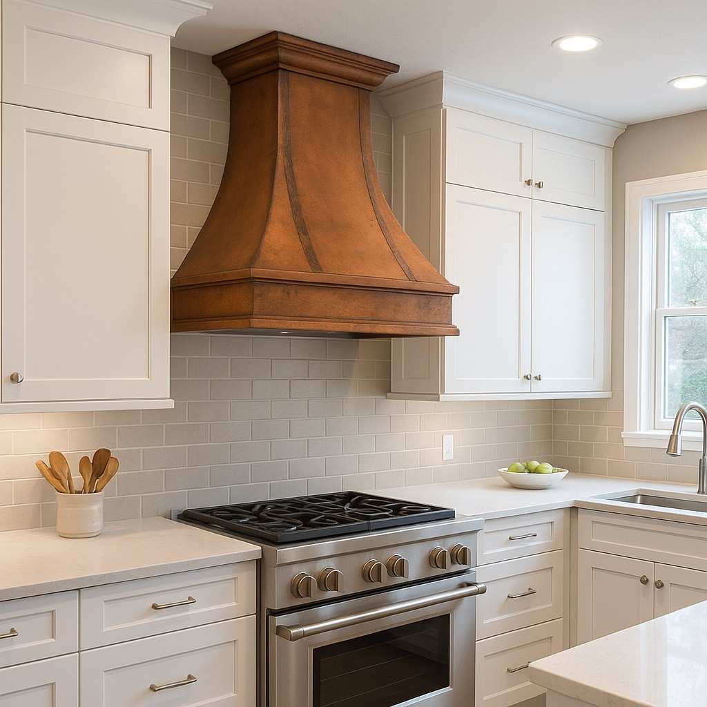 Transitional kitchen blending modern and traditional elements with a rustic copper range hood