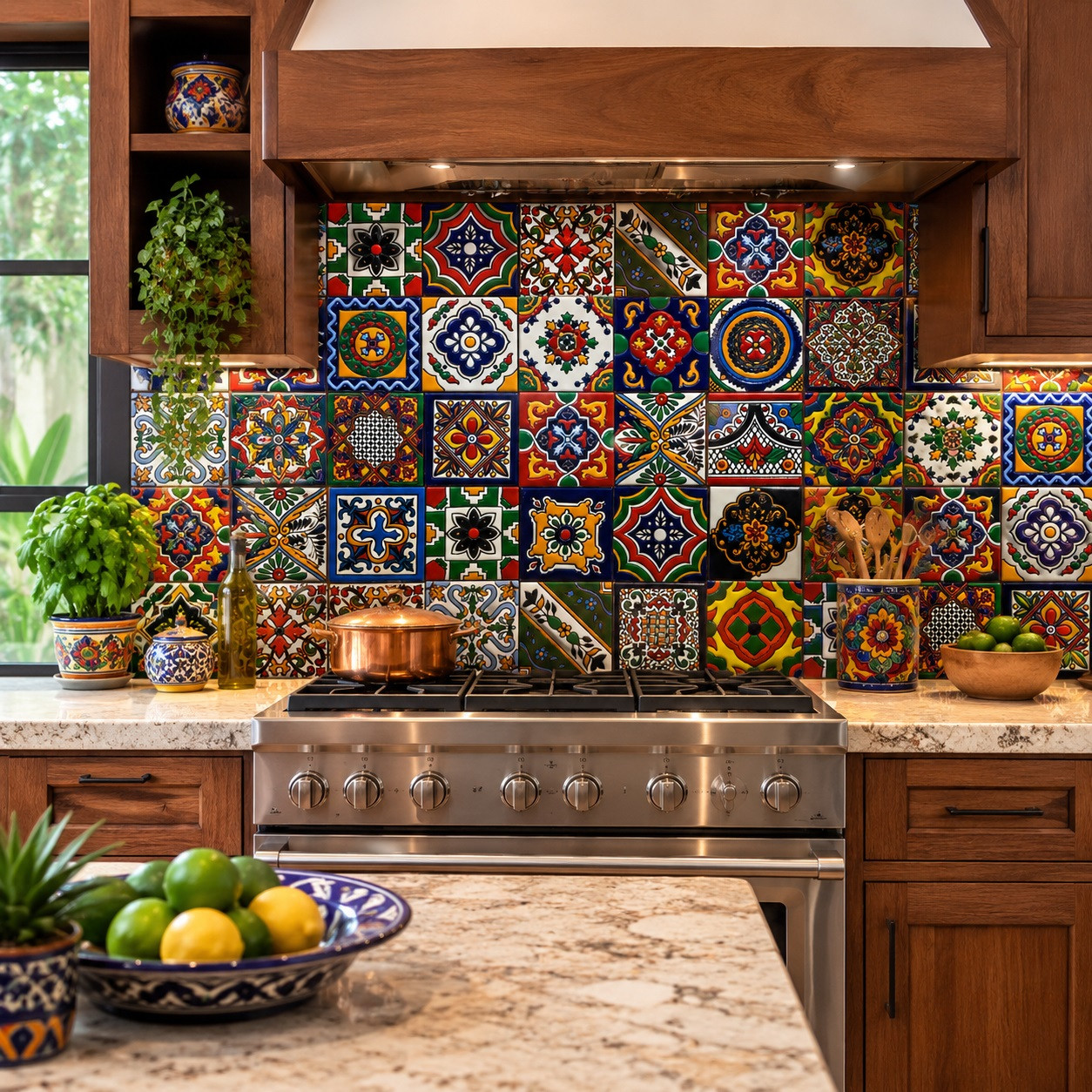 Mexican relief tile pattern mix in a rustic kitchen backsplash wall