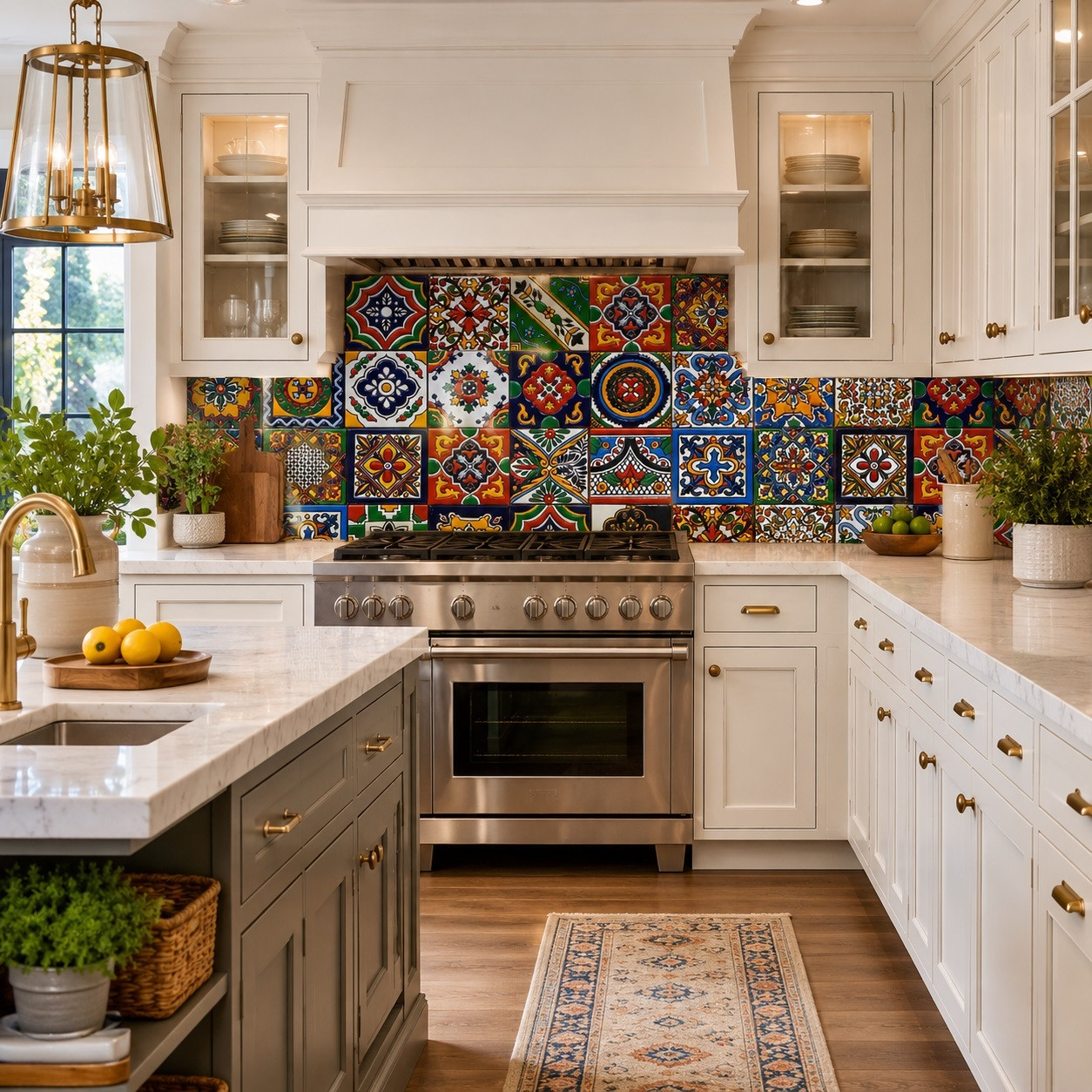 Transitional kitchen design with Mexican relief tile pattern mix