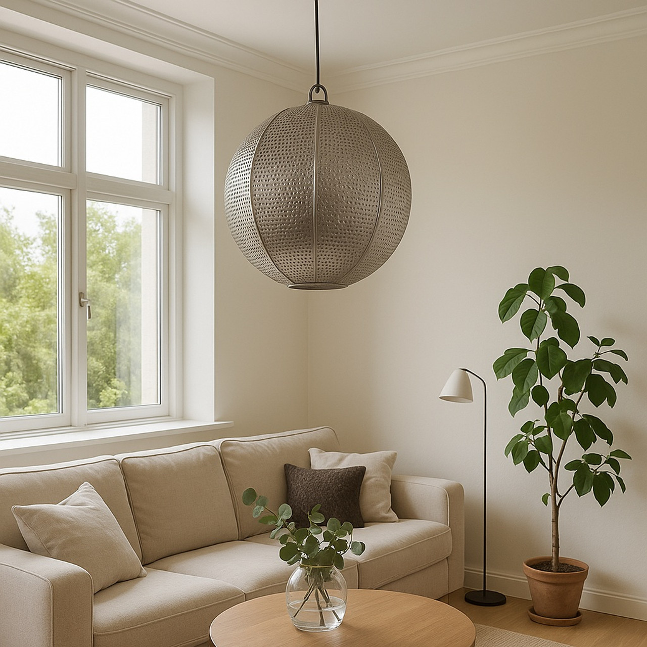 Handcrafted spherical pierced metal pendant lamp adding artistic ambient lighting to a stylish lounge space