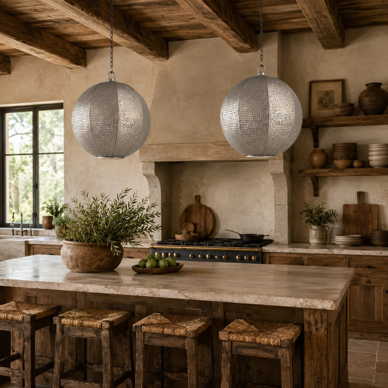 Spherical pierced metal pendant lamp shade over a rustic kitchen island with warm wood and stone