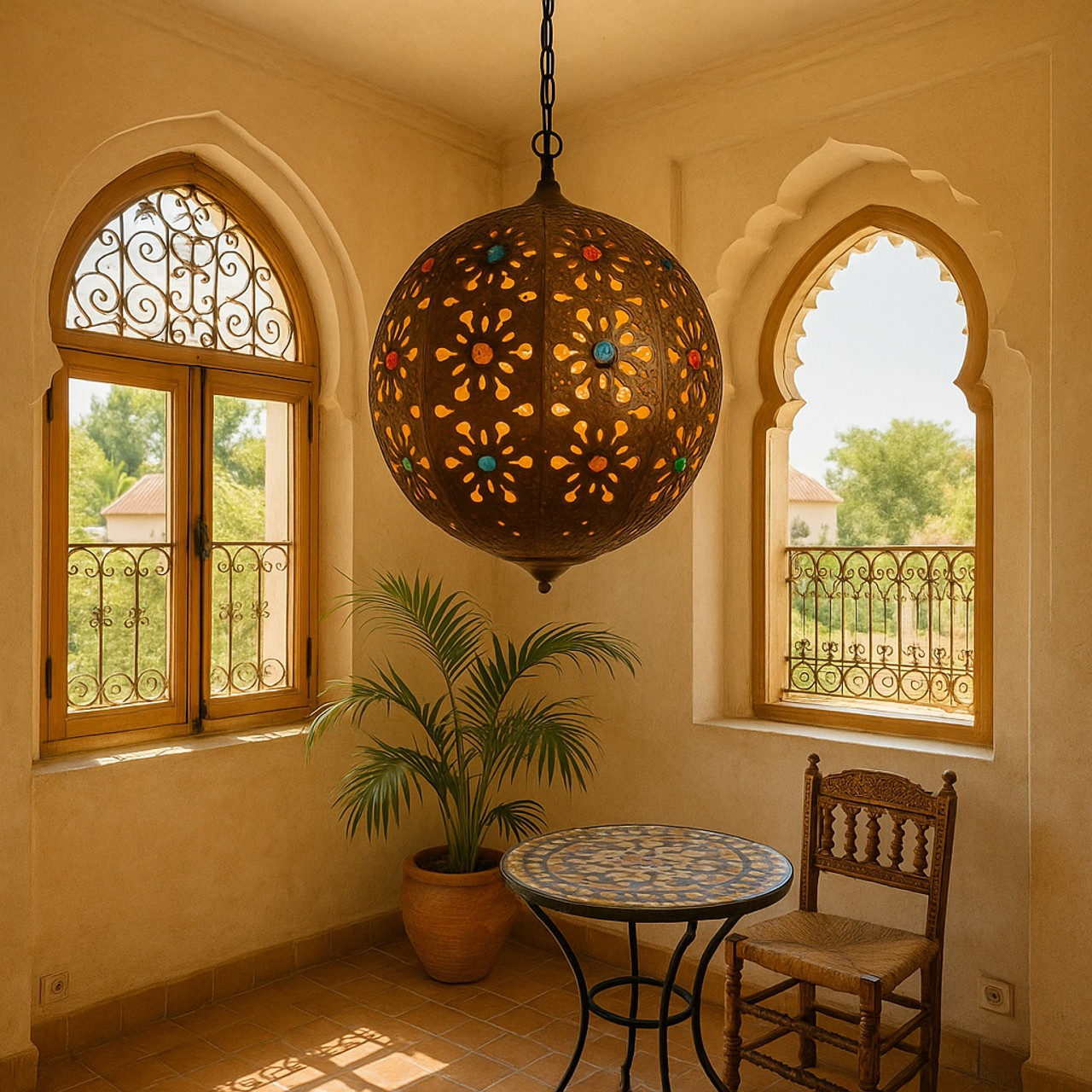 Handcrafted Moroccan-style spherical pendant 16 inch lamp in a Moorish-style room