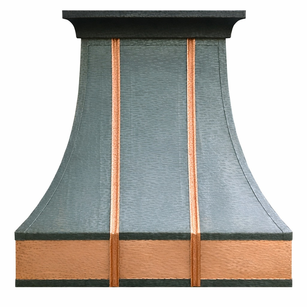 Hammered dark zinc range hood with copper apron, tall architectural bell profile and disciplined, gently flared base