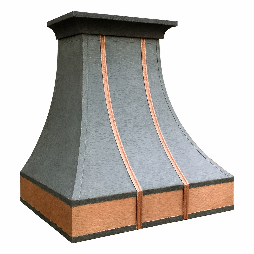 Side view of a hammered dark zinc range hood with copper apron