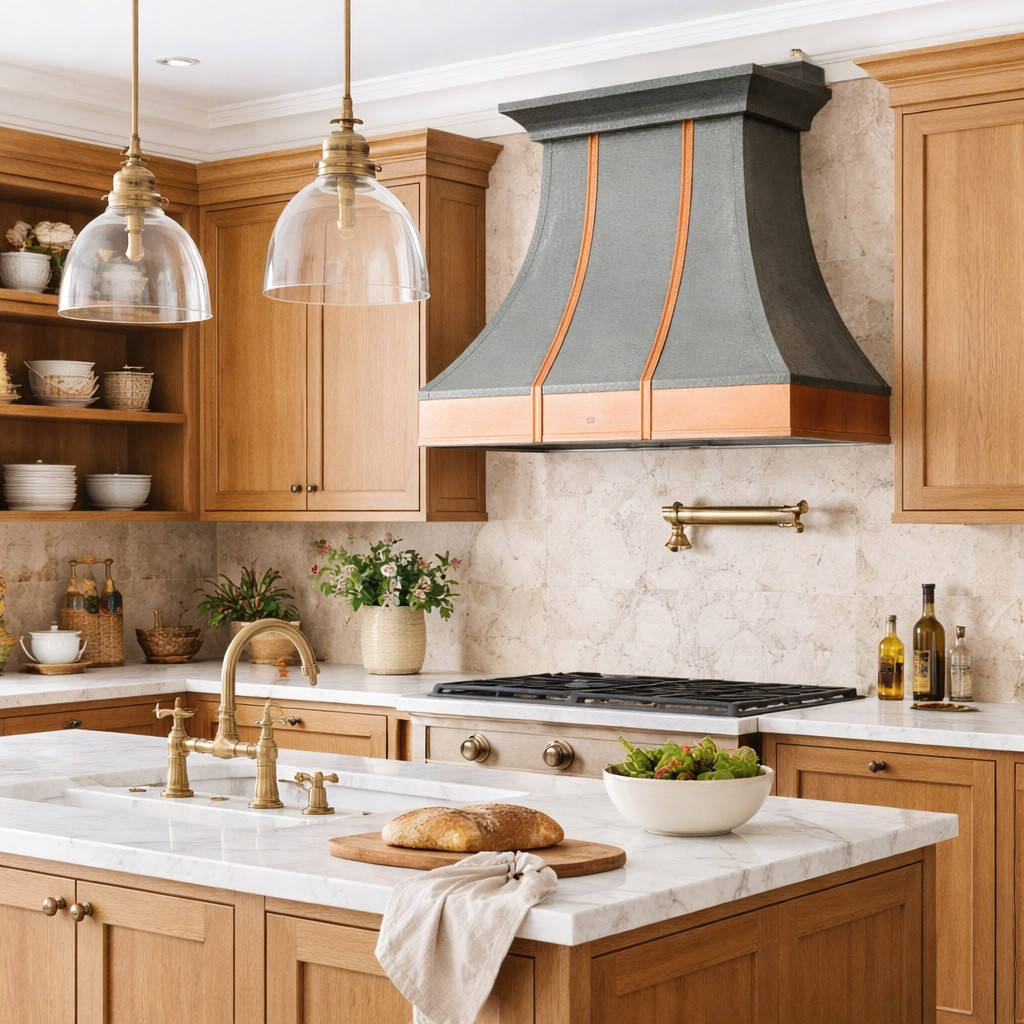 Hammered dark zinc range hood with copper apron in a transitional style kitchen setting