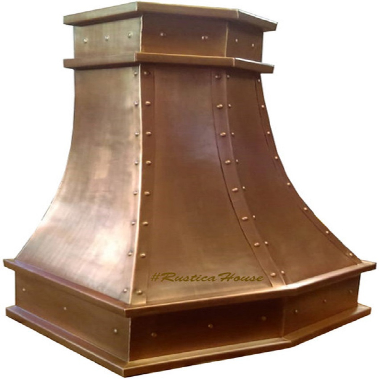 Handcrafted custom copper hood featuring exposed front edges