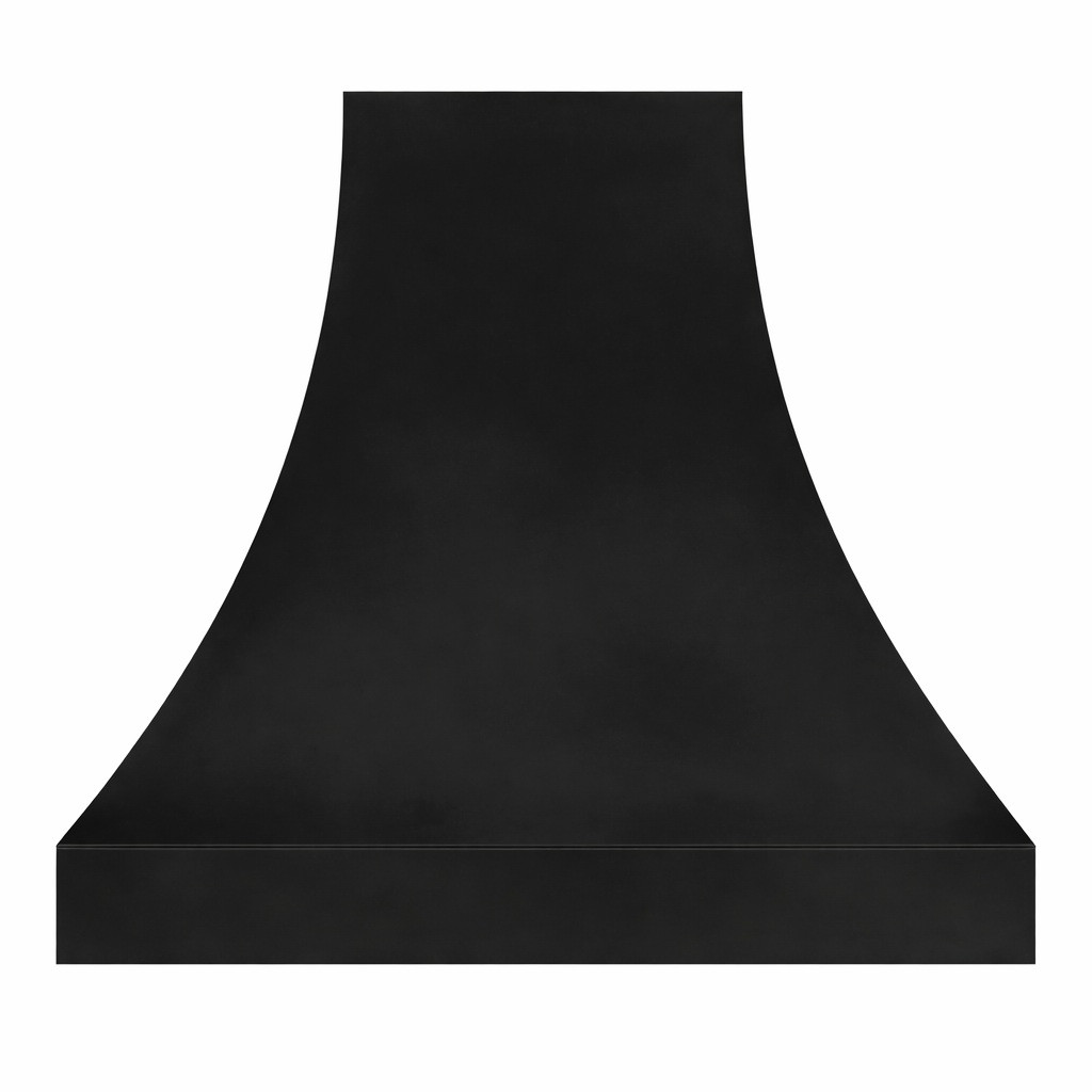 Black zinc bell range hood with a tall tapered silhouette that widens smoothly into a broad capture base