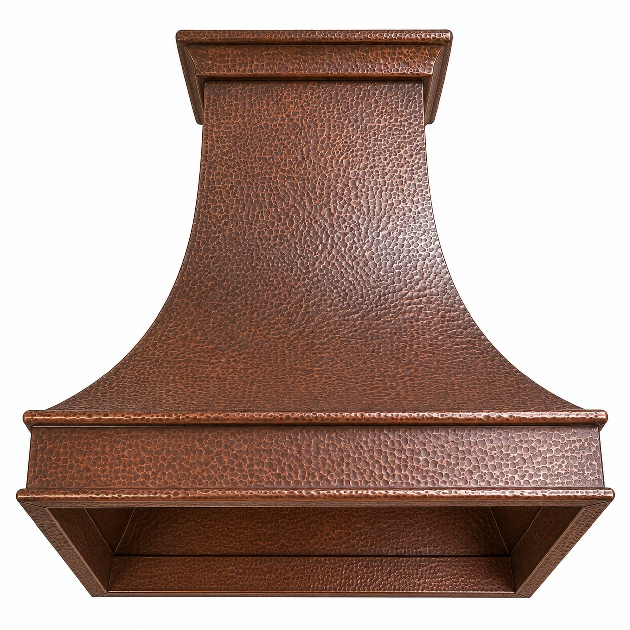 Hand-hammered bell copper range hood with architectural apron and open underside without ventilation insert