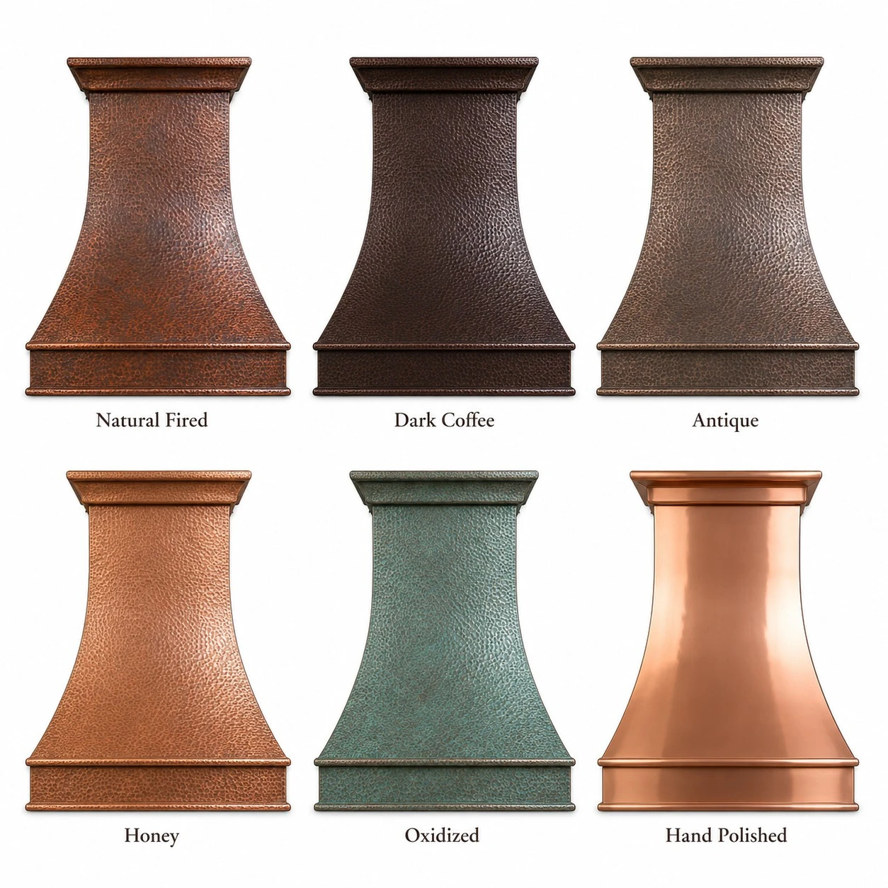 Copper patina finish options for hand-hammered bell copper range hood with architectural apron
