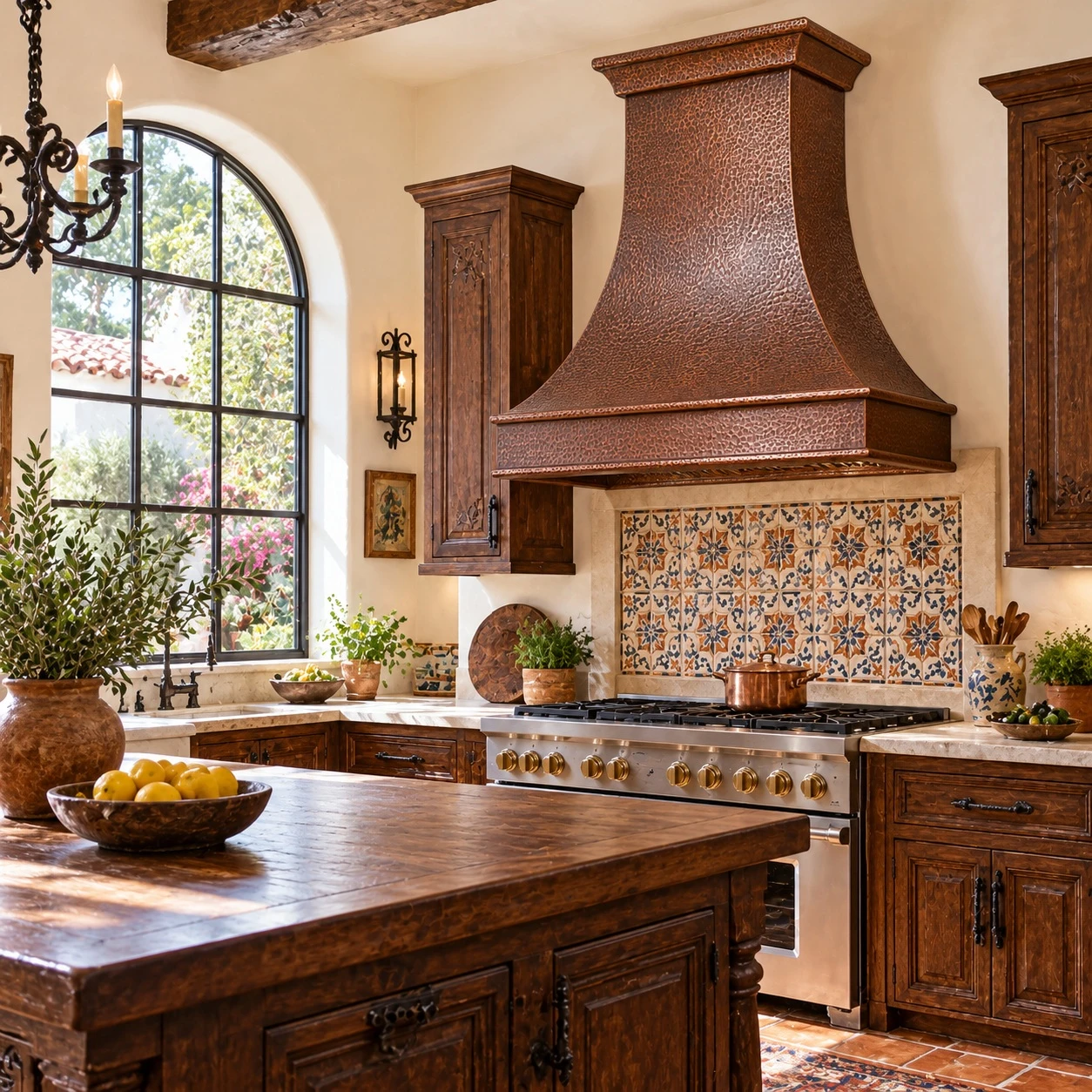Spanish Colonial kitchen with hand-hammered bell copper range hood and architectural apron
