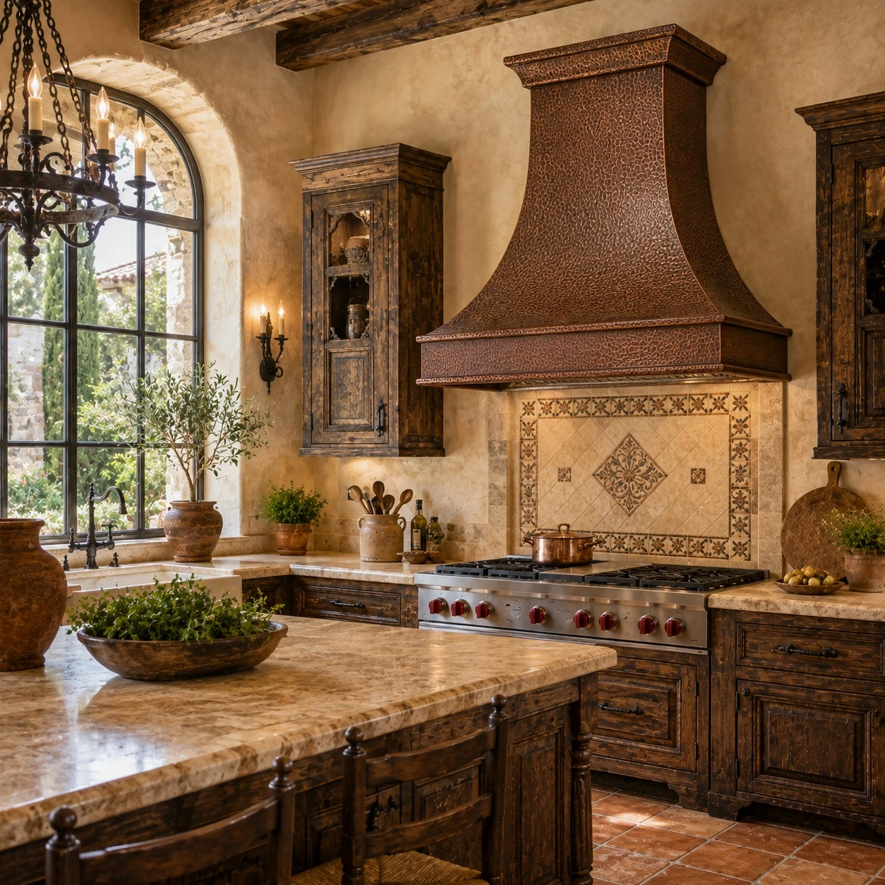 Tuscan kitchen with hand-hammered bell copper range hood, crown molding, and apron