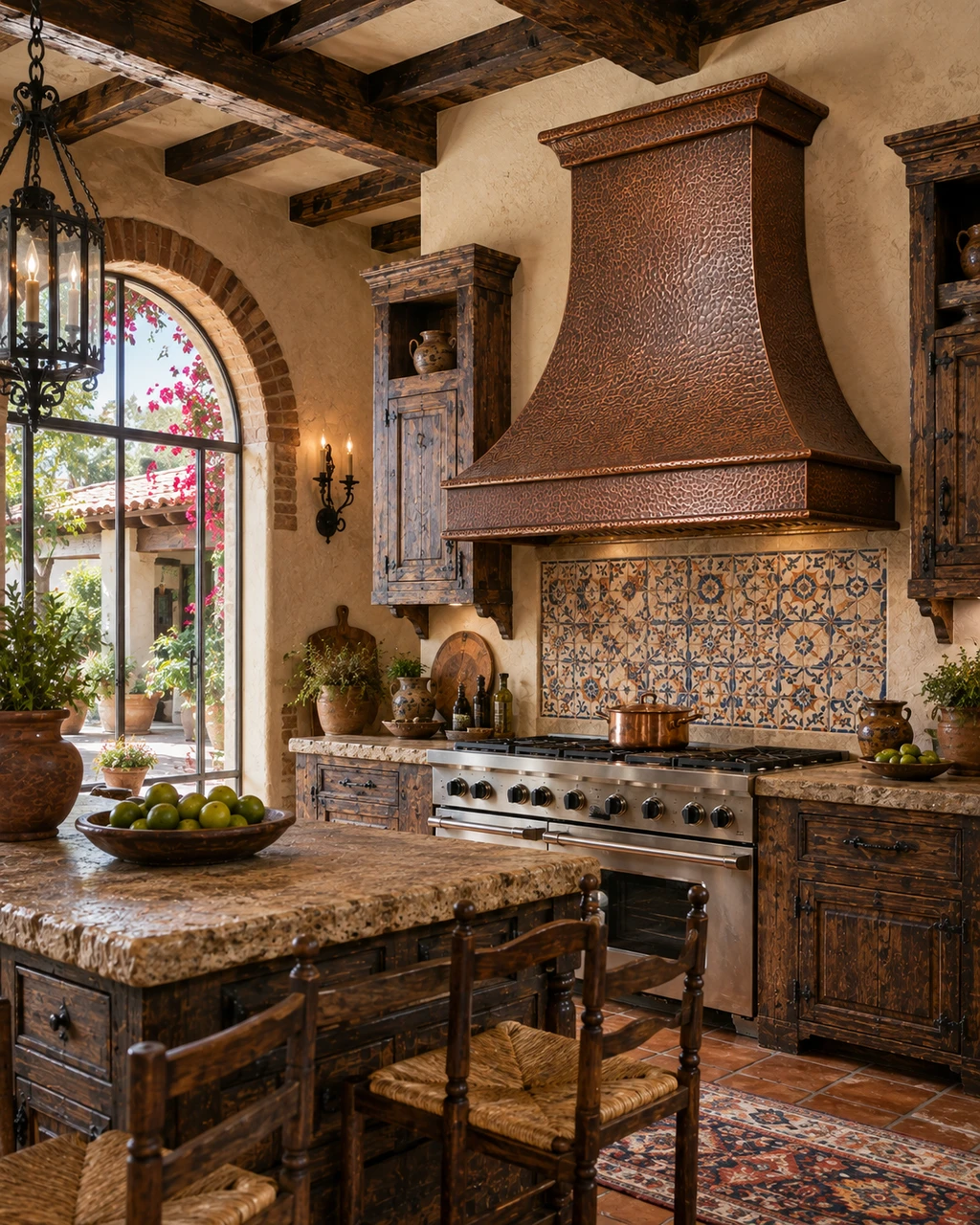 Hacienda kitchen with hand-hammered bell copper range hood and substantial apron