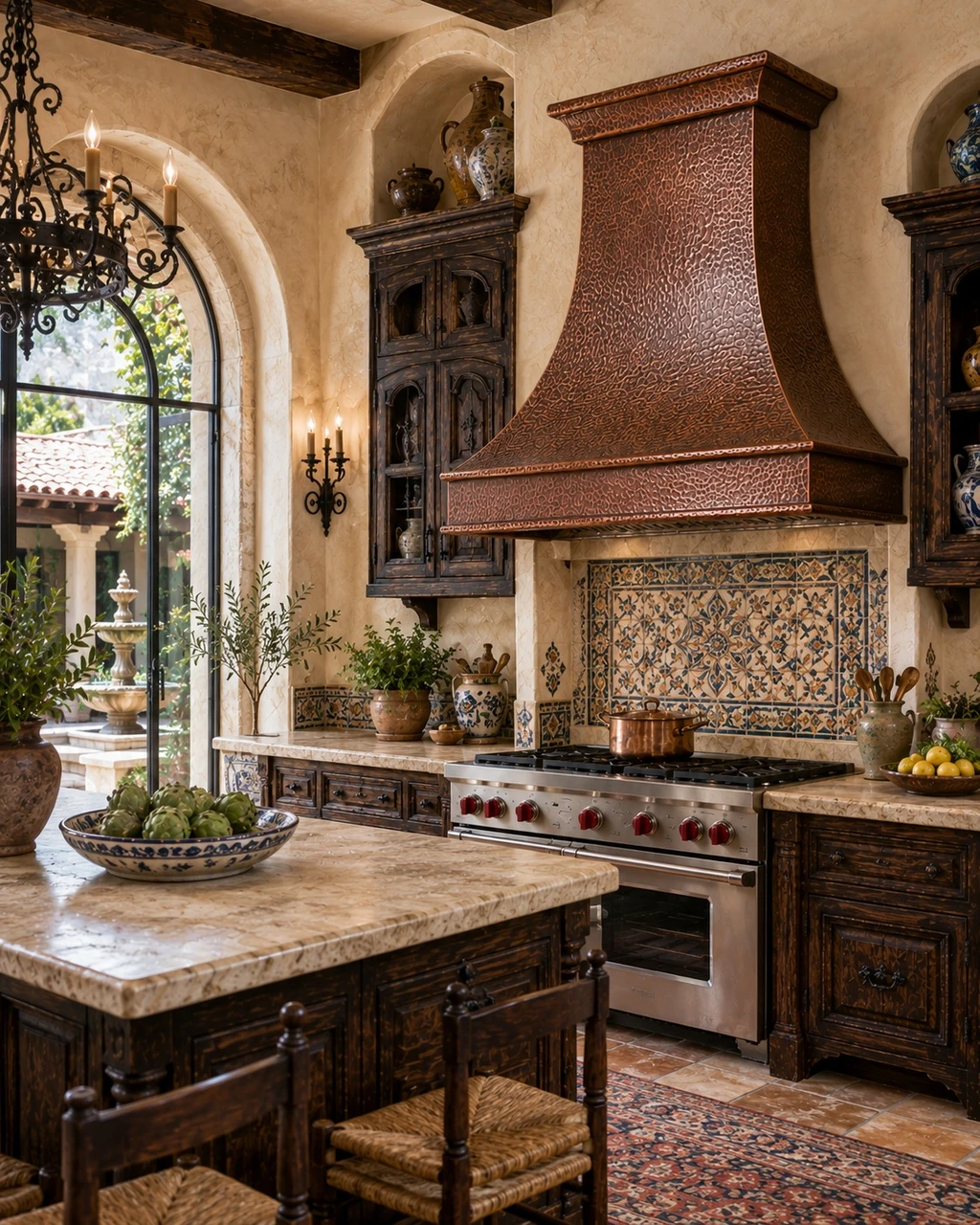 Mediterranean kitchen with hand-hammered bell copper range hood and architectural apron