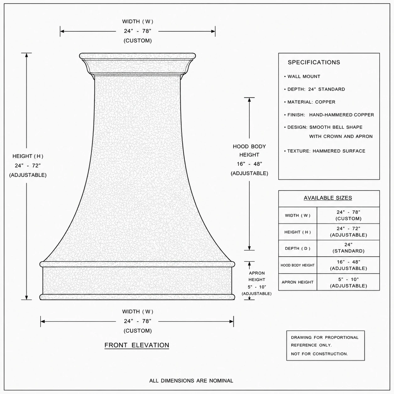 Proportional drawing of hand-hammered bell copper range hood with architectural apron