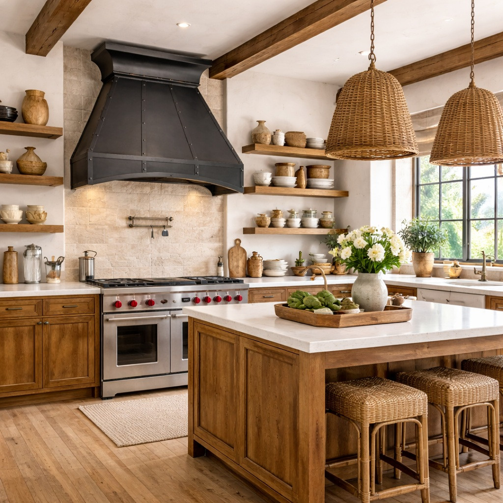 Black zinc range hood with curved apron in a farmhouse kitchen with rustic character