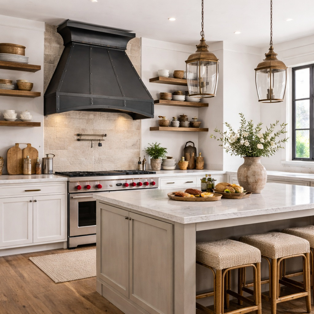 Black zinc range hood with curved apron installed in a transitional rustic style kitchen