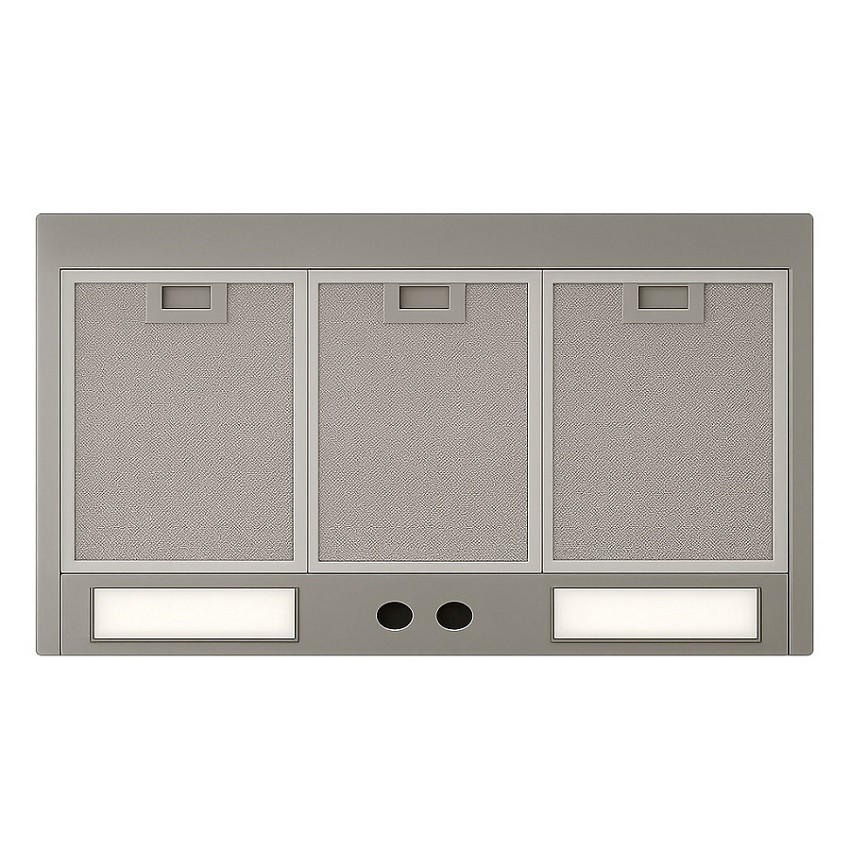 Black zinc range hood with curved apron showing optional ventilation insert
